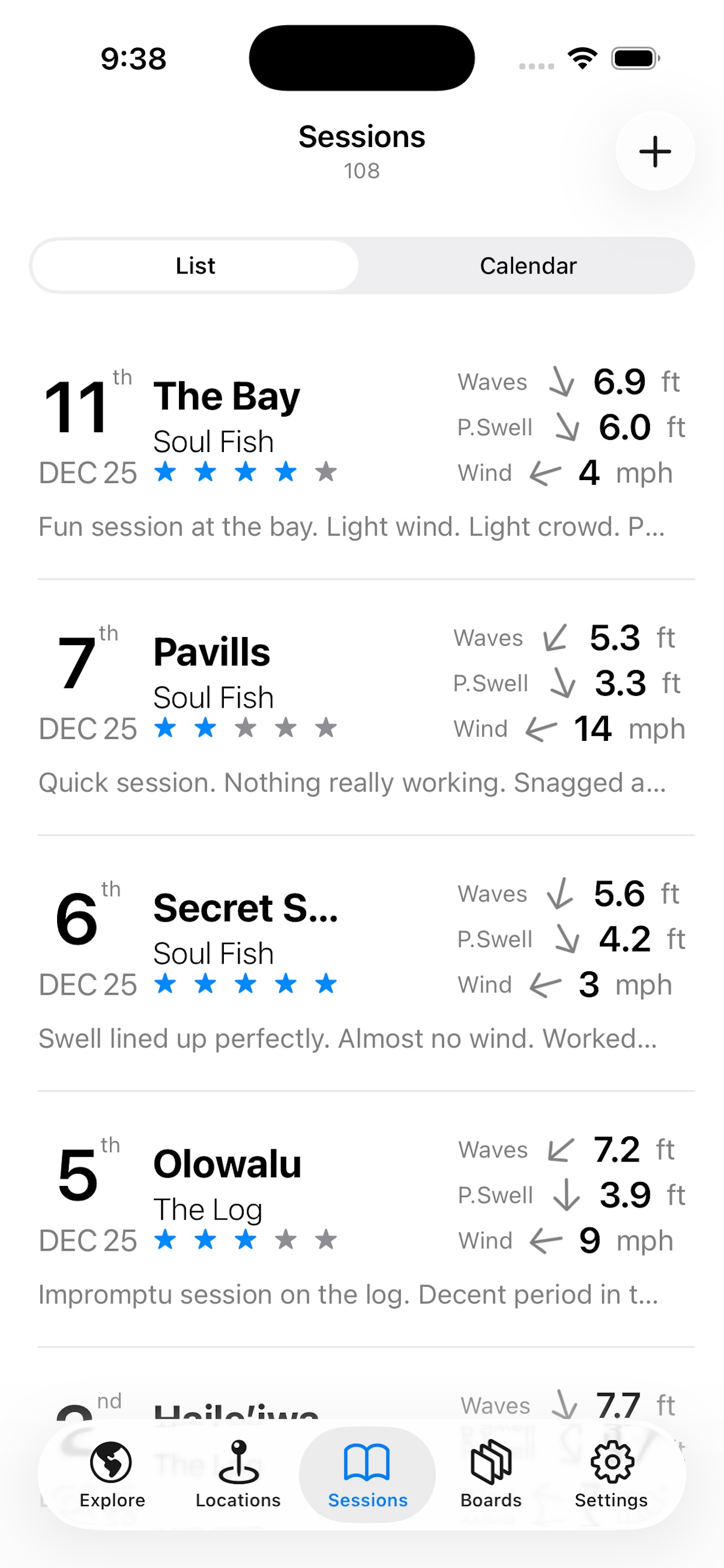 Logbook screen in Kanaloa app